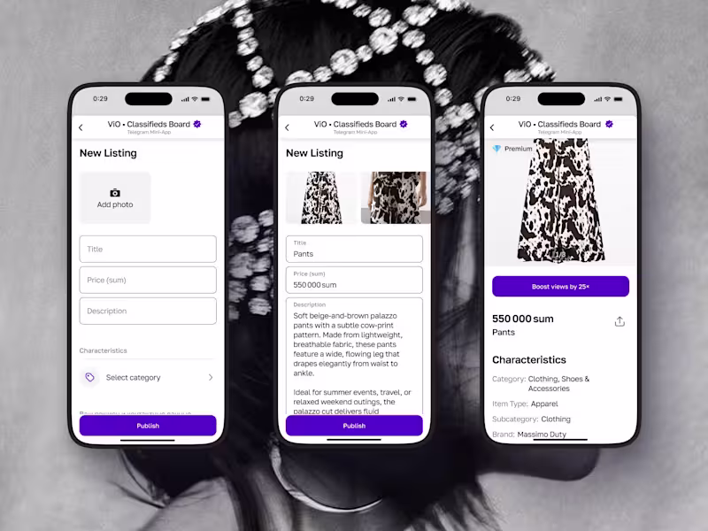 Cover image for Vio (Telegram-native classifieds). Me as a founding designer...