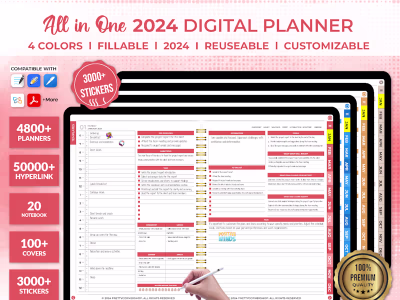 Cover image for Ultimate All-in-One 2024 Dated Digital Planner, Fillable Planner