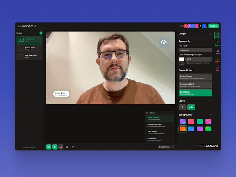Cover image for Livestream Studio Designed with AI — MagicPath Hackathon Winner