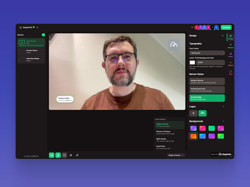 Cover image for Livestream Studio Designed with AI — MagicPath Hackathon Winner