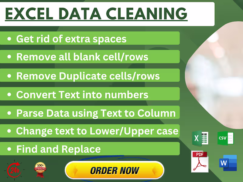 Cover image for Excel data split , big data,remove duplicates,formating,cleanup
