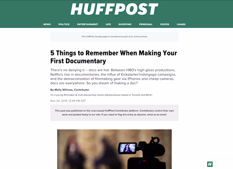 Cover image for Huffington Post Article About Documentary