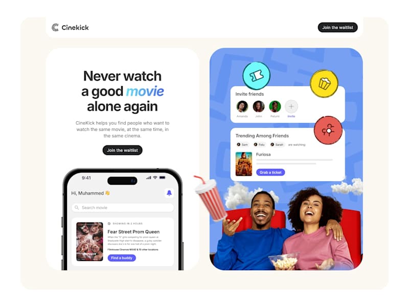 Cover image for CineKick – Social Movie Matchmaking Landing Page