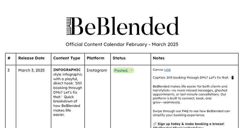 Cover image for BEBLENDED CONTENT CALENDAR SAMPLE.