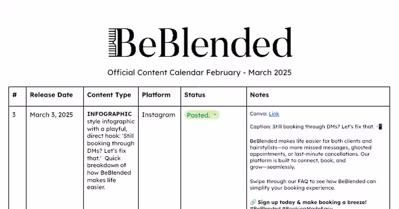 Cover image for BEBLENDED CONTENT CALENDAR SAMPLE.