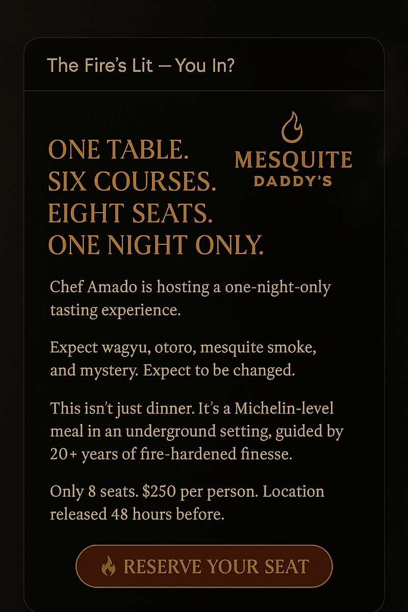 Cover image for Pop-Up Dinner Invite: Mesquite Daddy’s One-Night-Only Experience