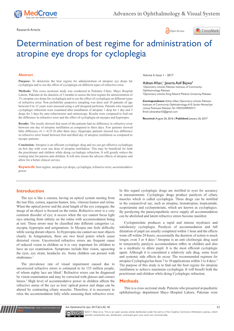 Cover image for Determination of best Regime for Administration of Atropine Eye…