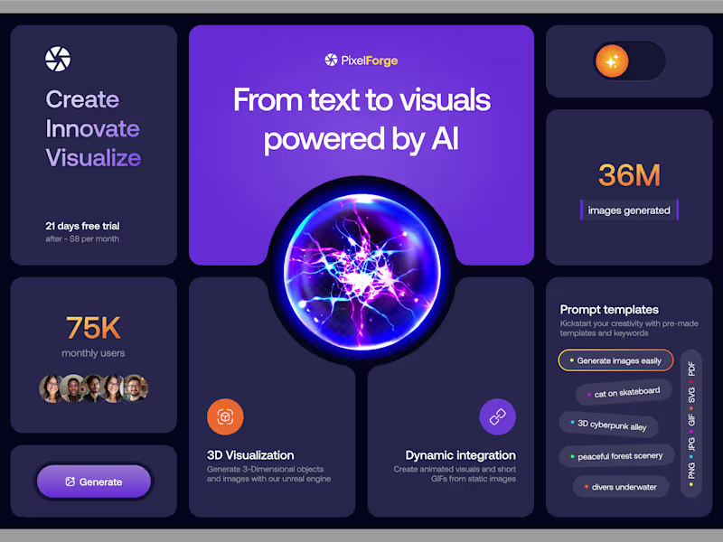 Cover image for Bento Grid for PixelForge (Text-to-image AI generator)