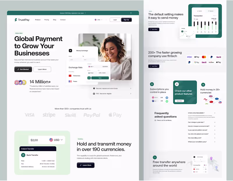 Cover image for Meet TrustPay, a modern Fintech Landing Page concept crafted...