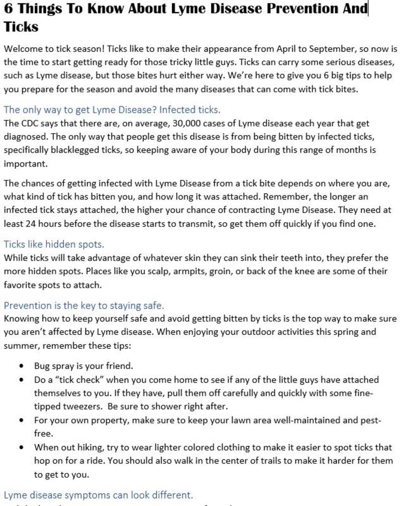 Cover image for Blog Article (snippet) about Lyme Disease Prevention for client