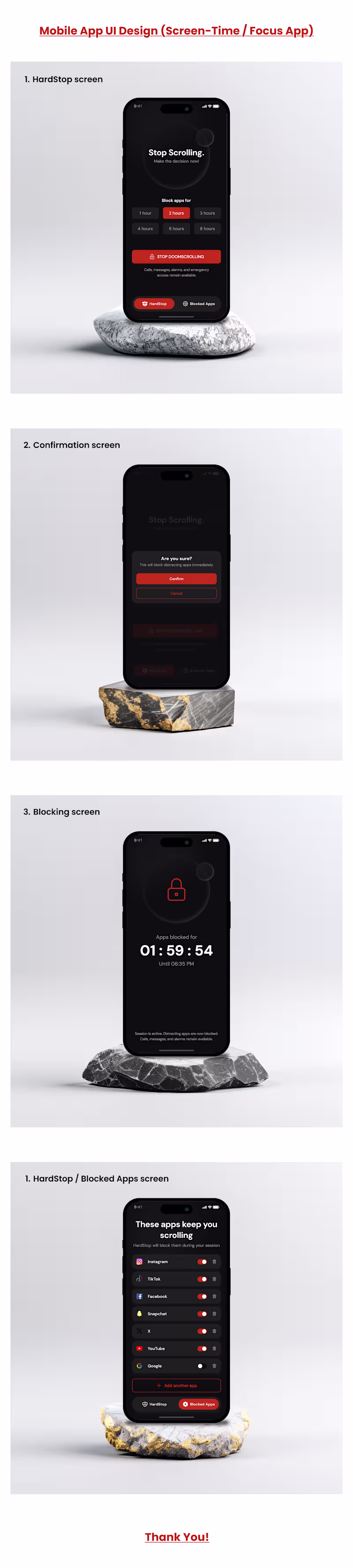 Cover image for HardStop — Minimal Dark Mode Night Focus Mobile App UI Desig...