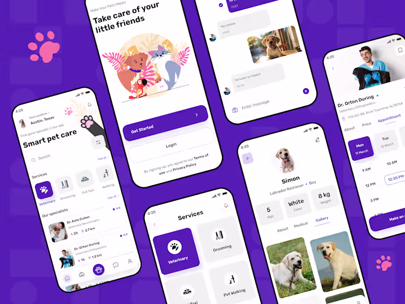 Cover image for Pet care booking mobile app dog walking sitting grooming vet