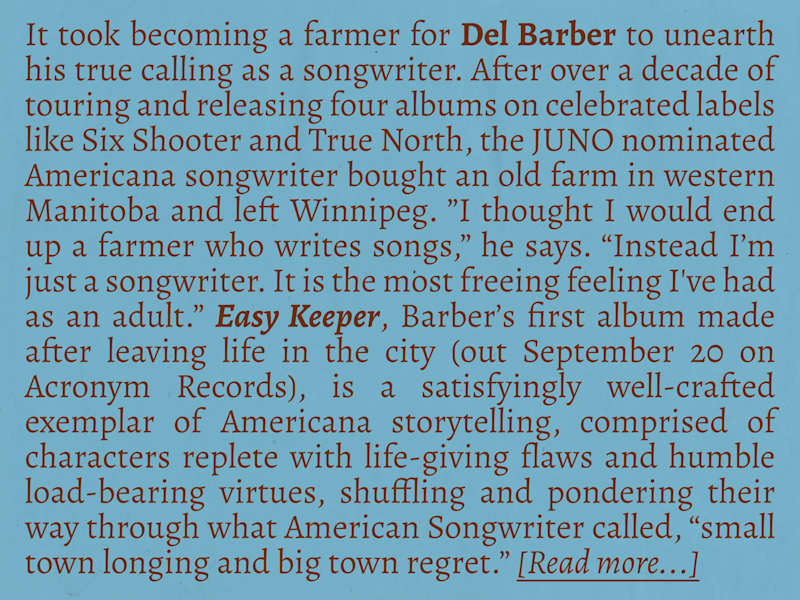 Cover image for Artist Bio: Del Barber - Easy Keeper (2019)