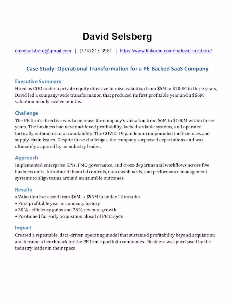 Cover image for Operational Transformation for a PE-Backed SaaS Company