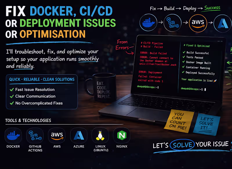 Cover image for Fix Docker, CI/CD or deployment issues or Optimisation