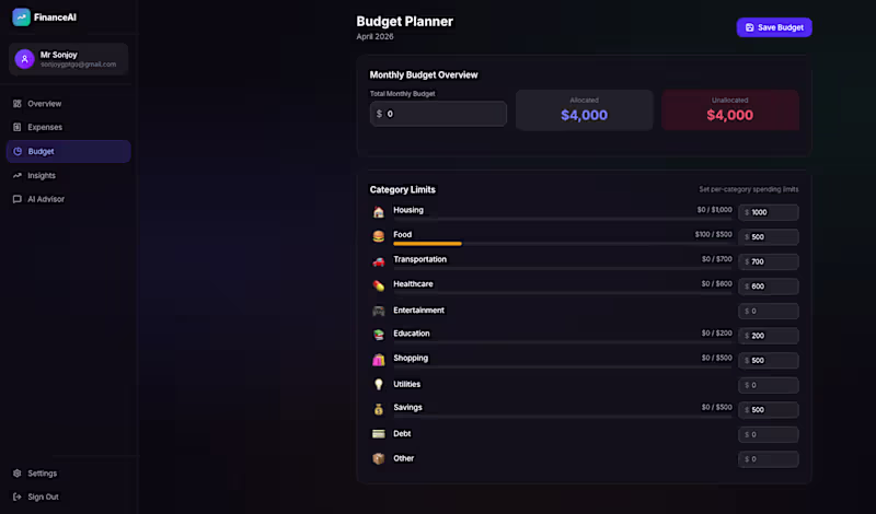 Cover image for FinanceAI – AI-Powered Personal Finance