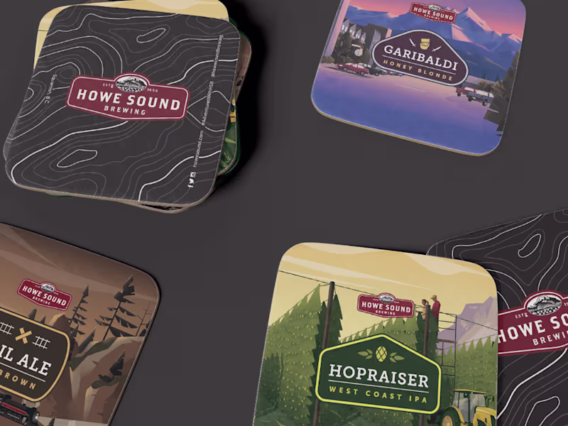 Cover image for howe sound brewing - print design, tap handles.