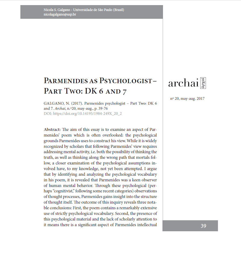 Cover image for Galgano, "Parmenides as Psychologist," Archai #20, 2017
