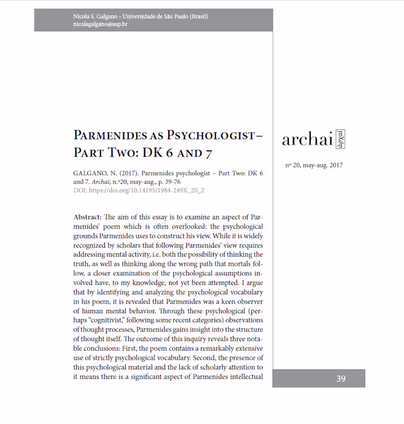 Cover image for Galgano, "Parmenides as Psychologist," Archai #20, 2017