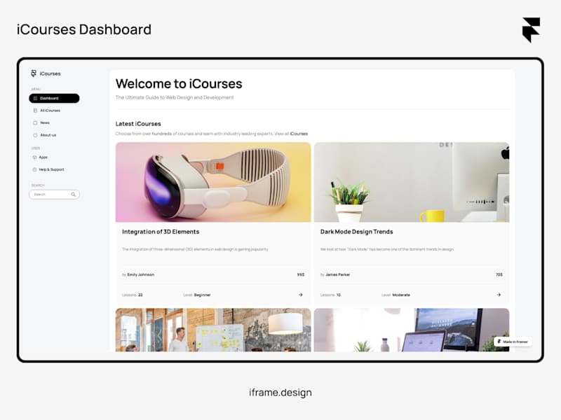 Cover image for iCourses framer dashboard template by iframe design