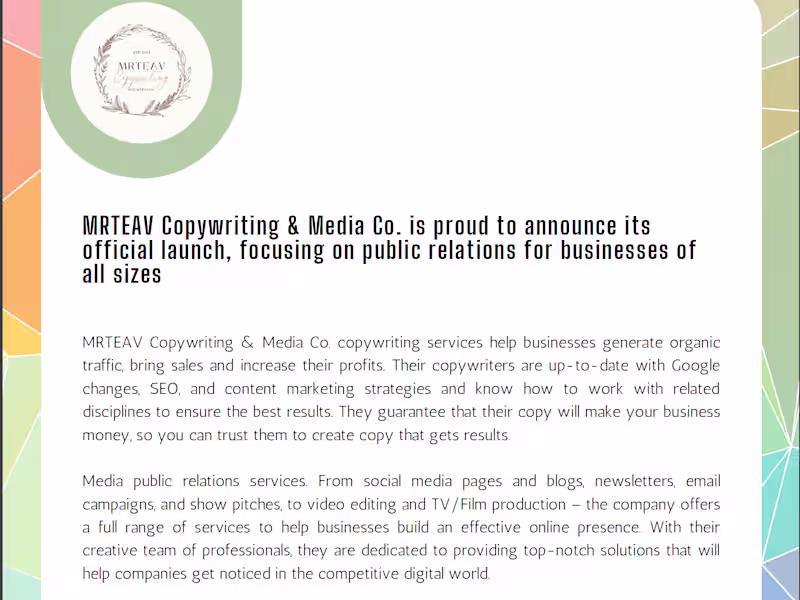 Cover image for MRTEAV Copywriting & Media Co Press Release