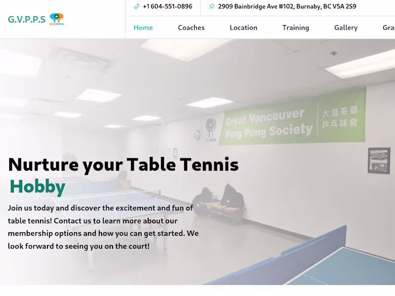 Cover image for Website Development for GVPPS Table Tennis Club