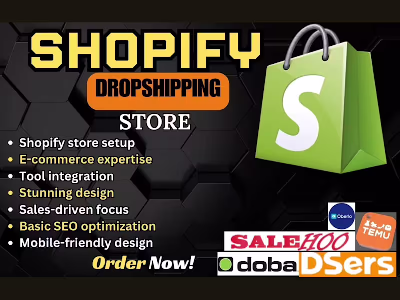 Cover image for  create shopify dropshipping store via temu dsers doba cj oberlo