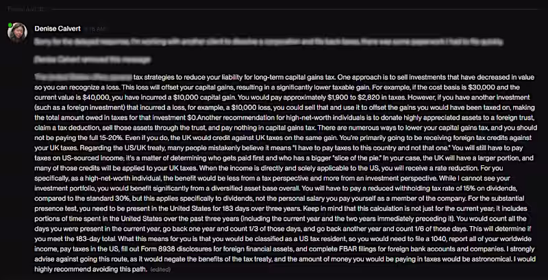 Cover image for Direct message to a client seeking tax strategies for his U.S...