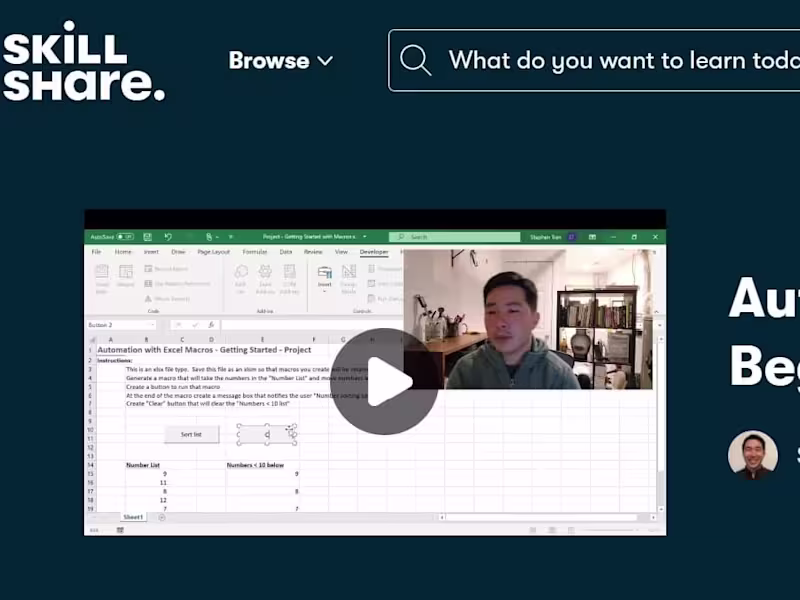 Cover image for Skillshare Class "Automation with Excel Macros / Excel VBA"