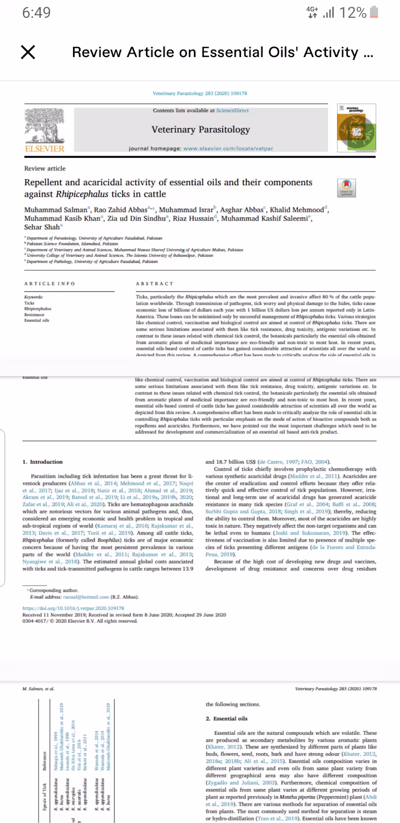 Cover image for Review Article on Essential oils Article against