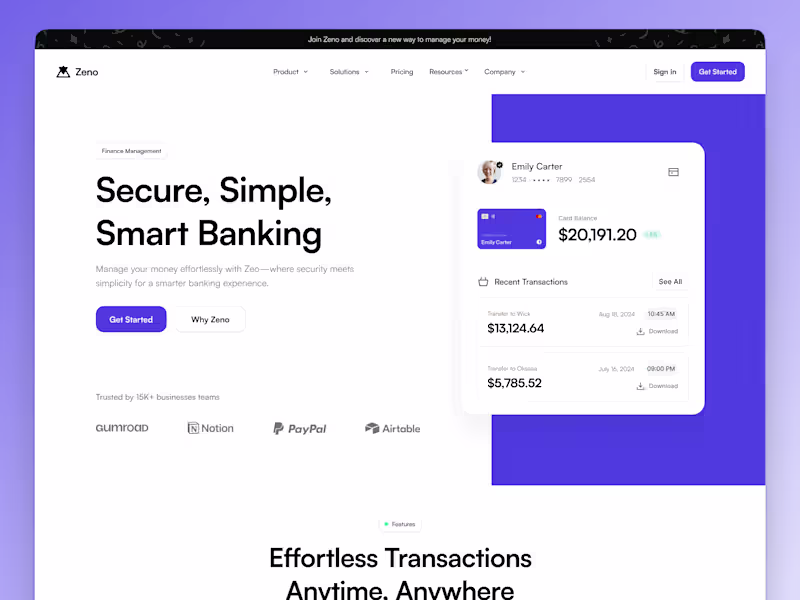 Cover image for Zeno - Fintech Landing Page | UI/UX Design