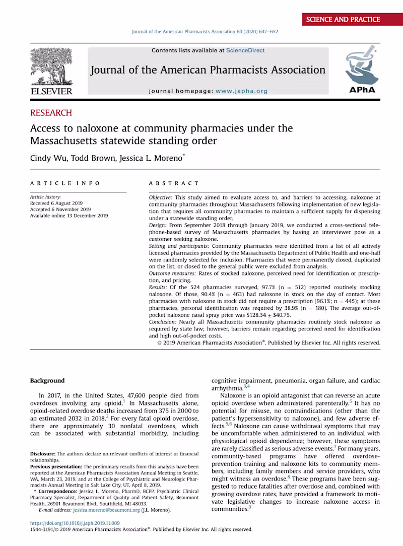 Cover image for Naloxone Access at Community Pharmacies - Journal Publication