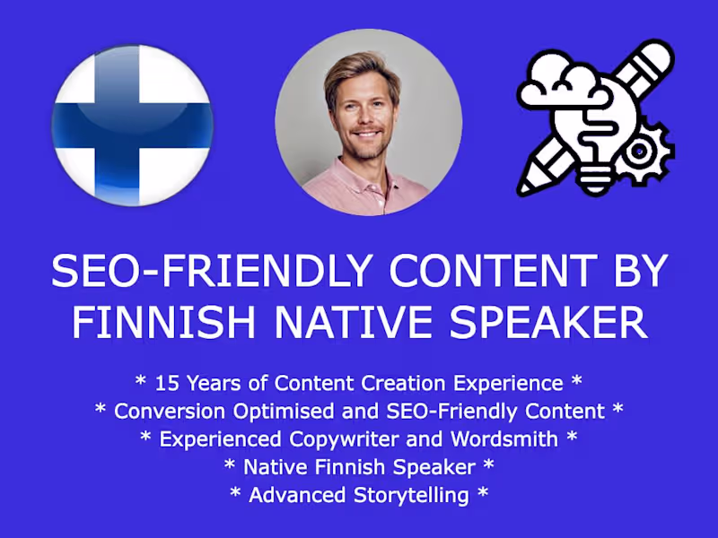 Cover image for SEO optimised content such as blog or article in Finnish