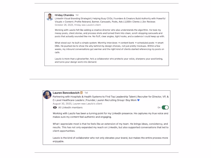 Cover image for LinkedIn Ghostwriting (human/story angle)
2 testimonials