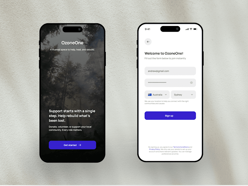 Cover image for OzoneOne · Sign up flow · Civic tech mobile UI