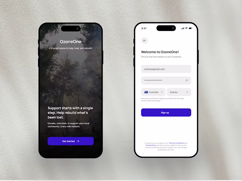 Cover image for OzoneOne · Sign up flow · Civic tech mobile UI