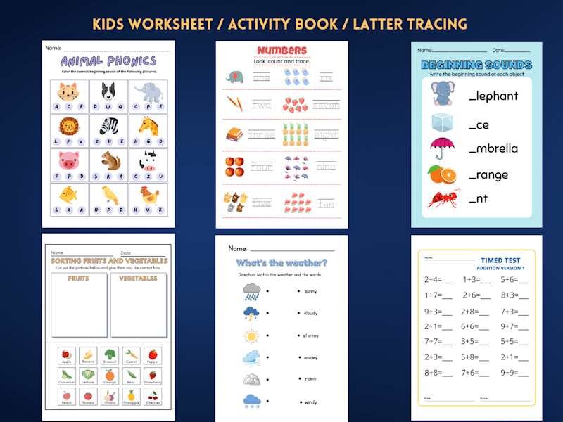 Cover image for KIDS WORKSHEET, ACTIVITY BOOK, LATTER TRACING, COLORING 