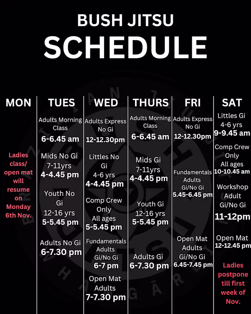Cover image for Timetable for BJJ GYM "Bush Jitsu"