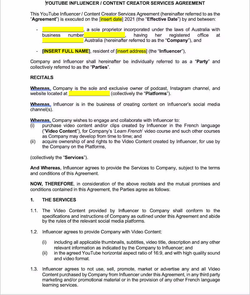 Cover image for Influencer Content Creation Agreement