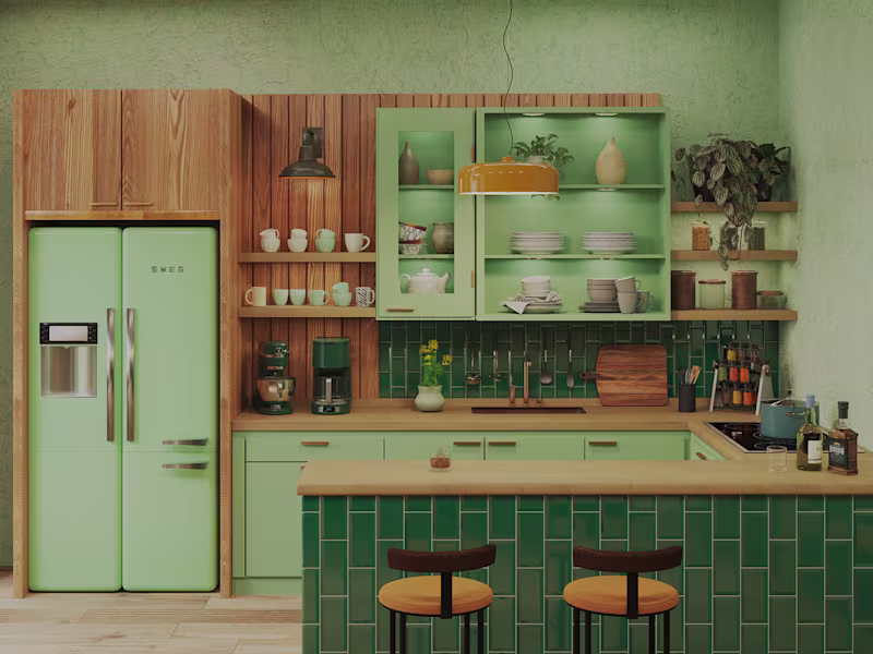 Cover image for Warm rustic kitchen with inviting lighting and textures :: Beha…