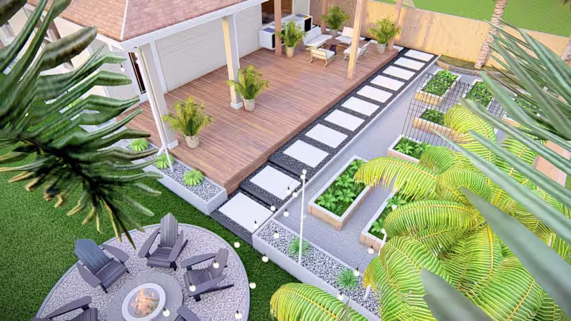 Cover image for Back yard landscape design with patio, garden and firepit