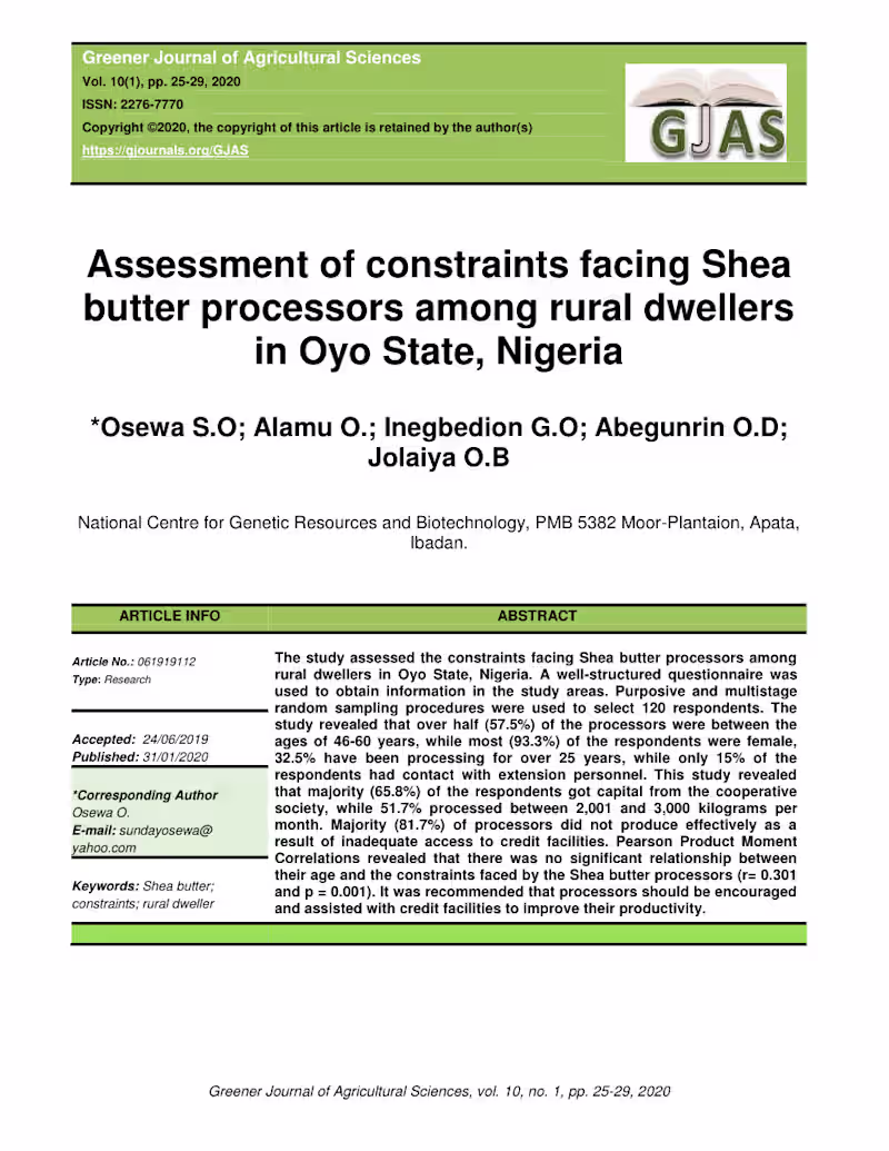 Cover image for Assessment of constraints facing Shea butter processors among r…