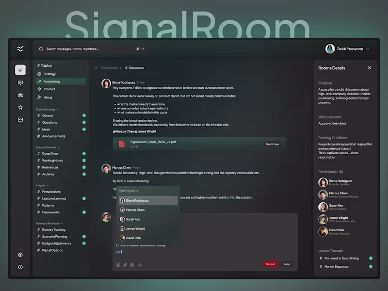 Cover image for Signalroom – Private Founder Network Dashboard SaaS UI/UX Design