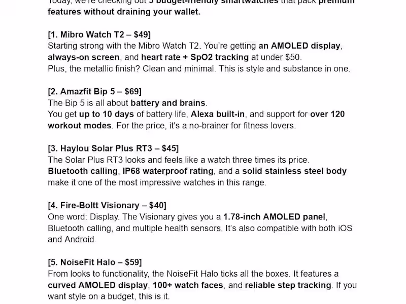 Cover image for Top 5 Budget Smartwatches Demo Script