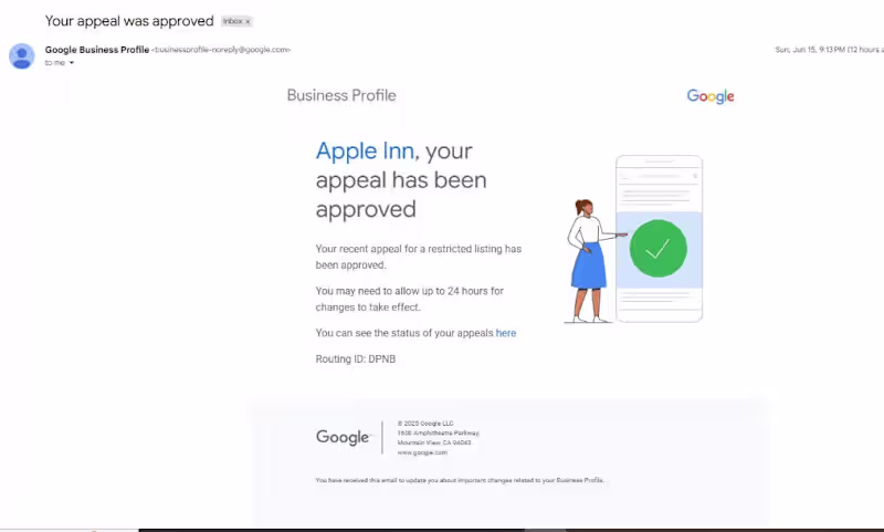 Cover image for Apple Inn's Google Business Profile Reintatement 