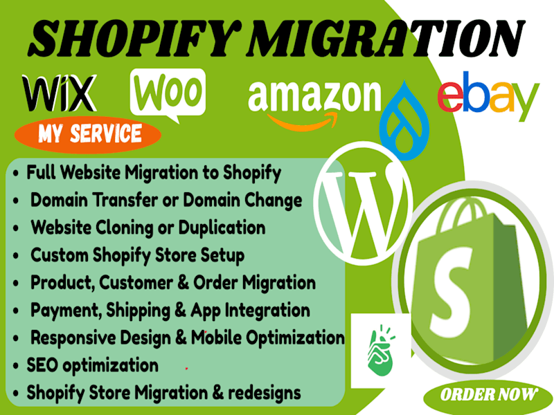 Cover image for migrate clone transfer redesign wordpress wix amazon to shopify 