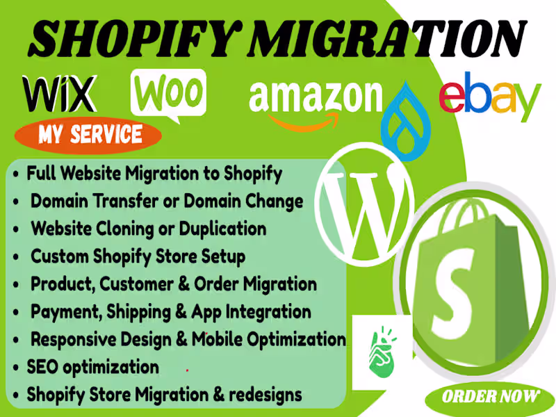 Cover image for migrate clone transfer redesign wordpress wix amazon to shopify 