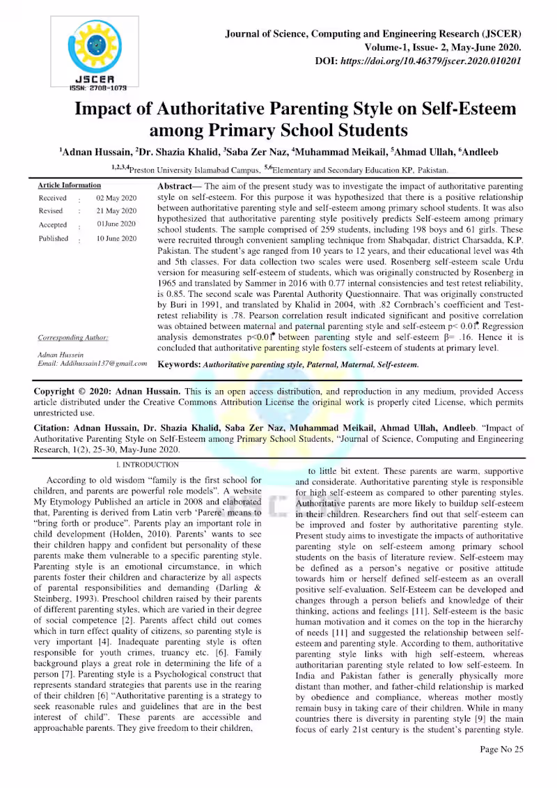 Cover image for Impact of Authoritative Parenting Style on Self-Esteem among Pr…
