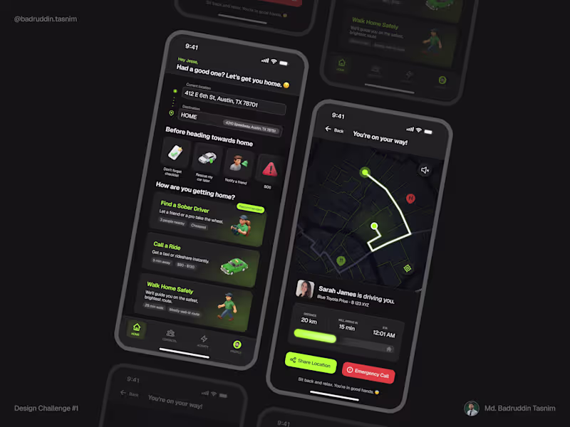 Cover image for App UI design for a late-night navigation app for tipsy user...