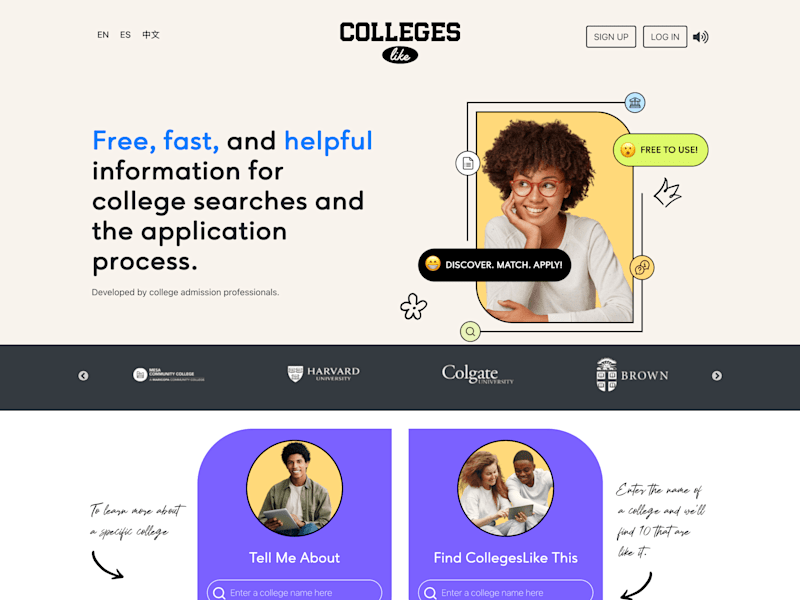 Cover image for Welcome to CollegesLike Homepage
